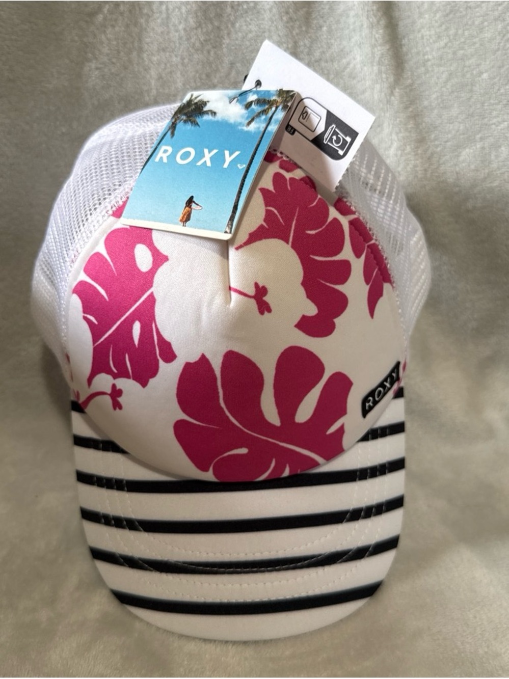 Roxy Girls White Hat with Pink Floral & Black Striped Brim